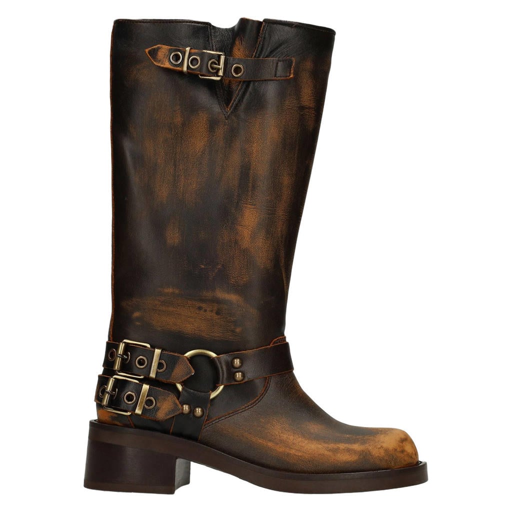 Bruin en gouden dames Sacha leren bikerboots -