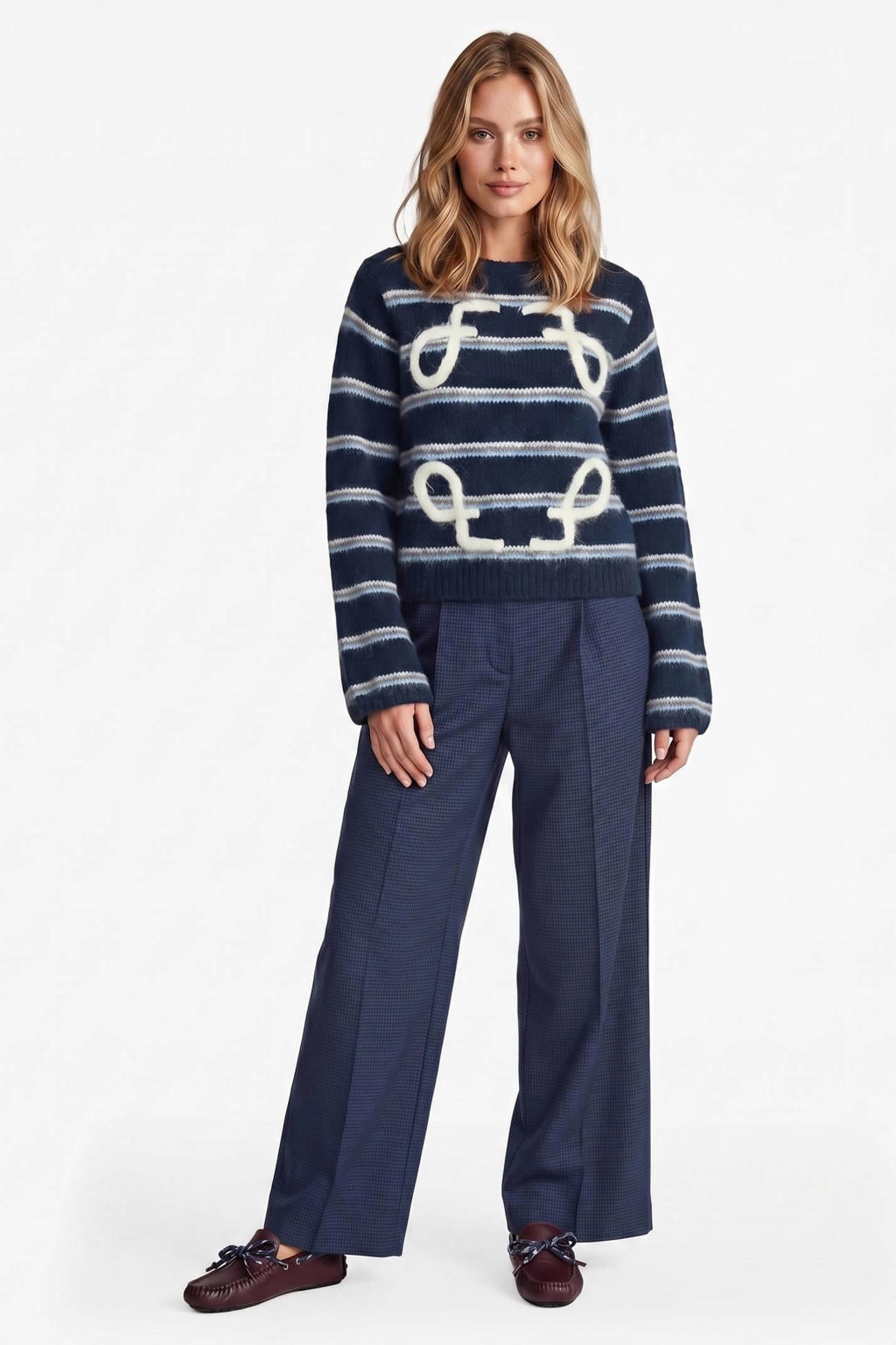 Blauw en ecru dames FLURESK gebreide gestreepte trui met lange mouwen en ronde hals