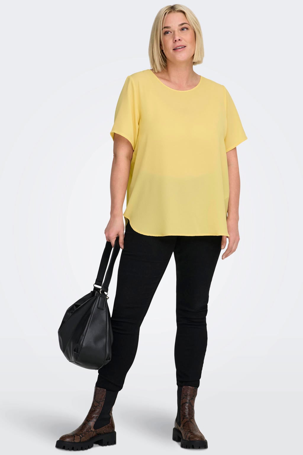Gele dames ONLY CARMAKOMA top van polyester met korte mouwen, ronde hals en geweven detail