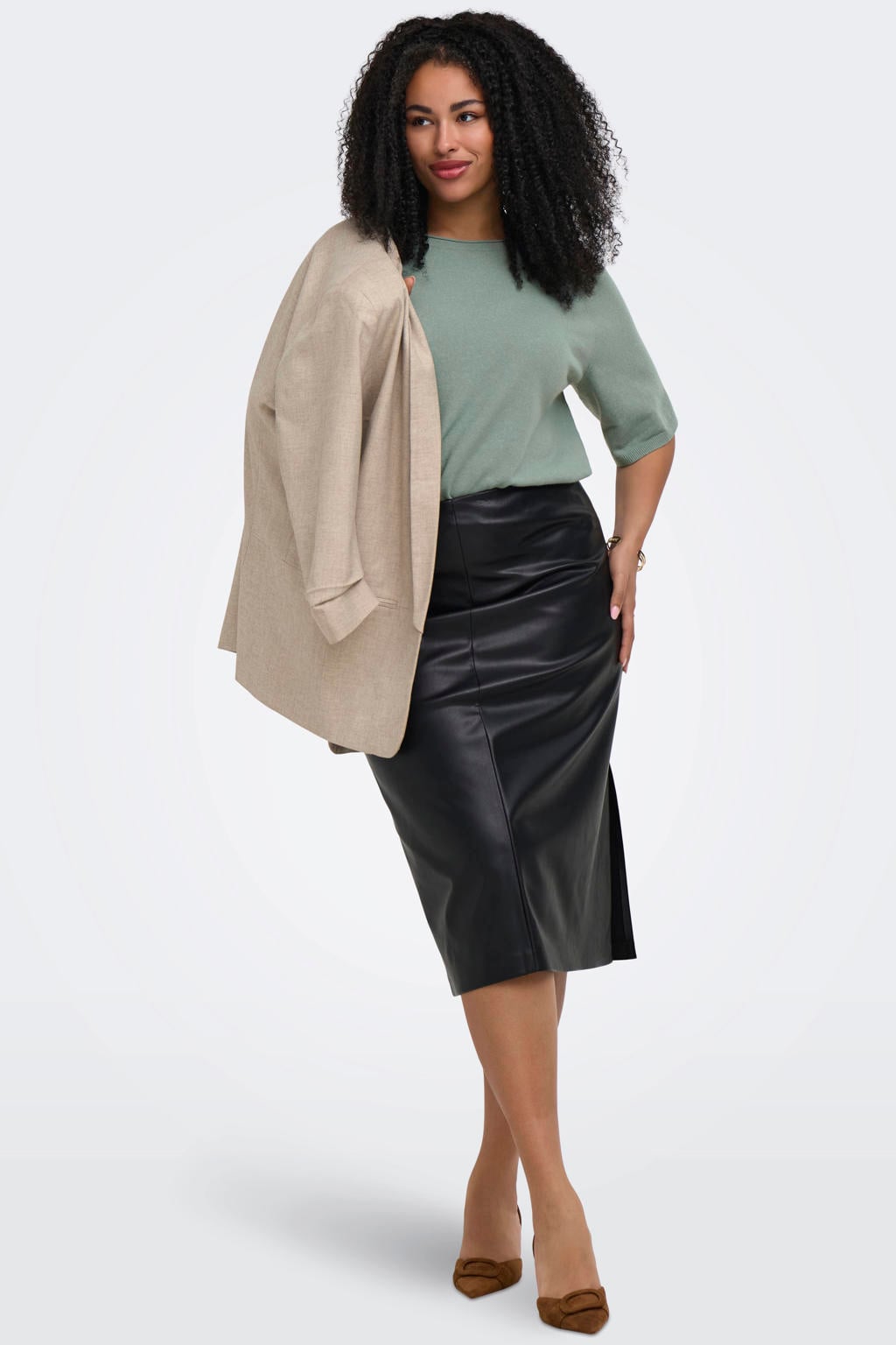 Lichtgroene dames ONLY CARMAKOMA trui gebreid van polyester met effen, lange mouwen en ronde hals