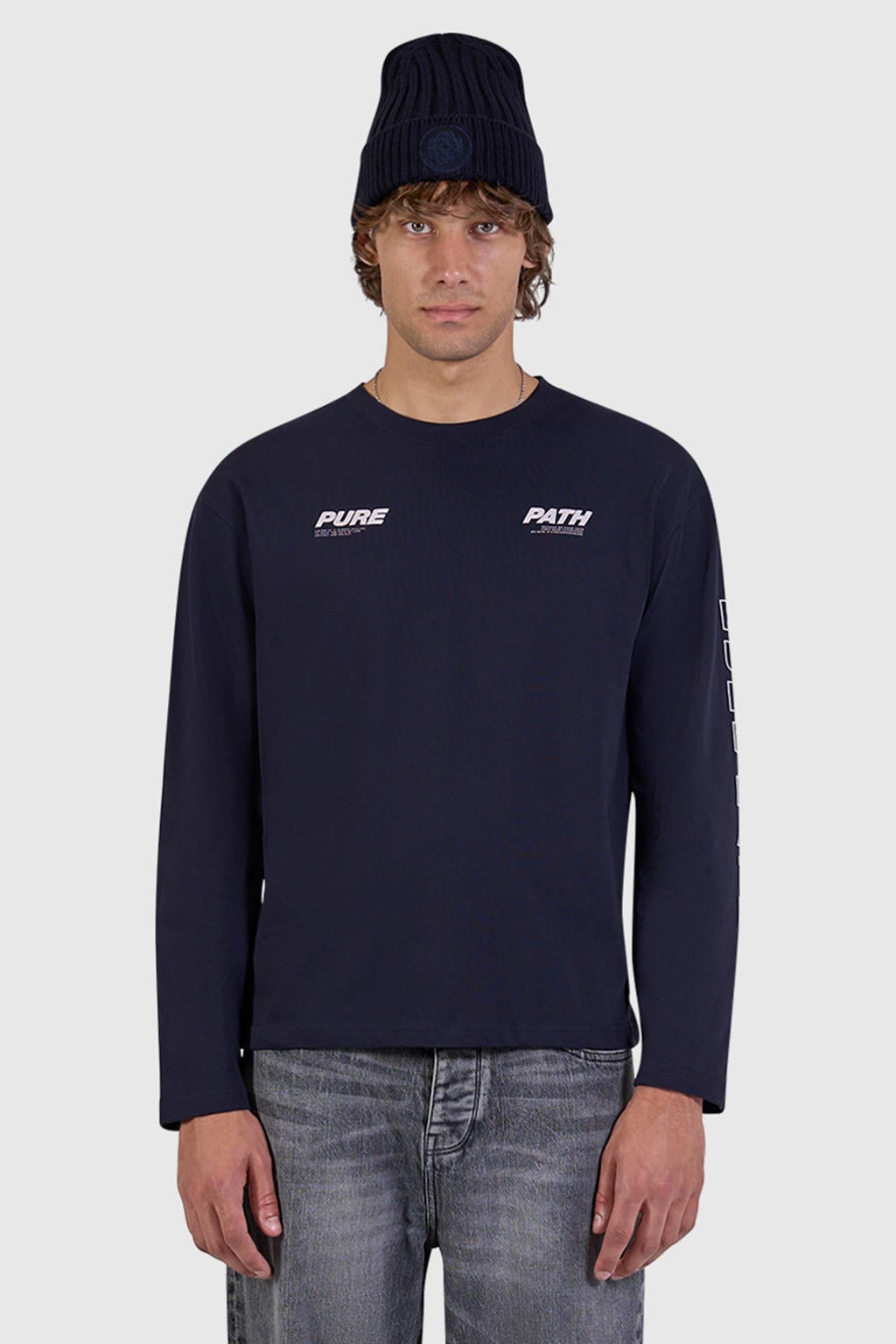 Donkerblauwe heren Pure Path boxy longsleeve van katoen met backprint, lange mouwen en ronde hals