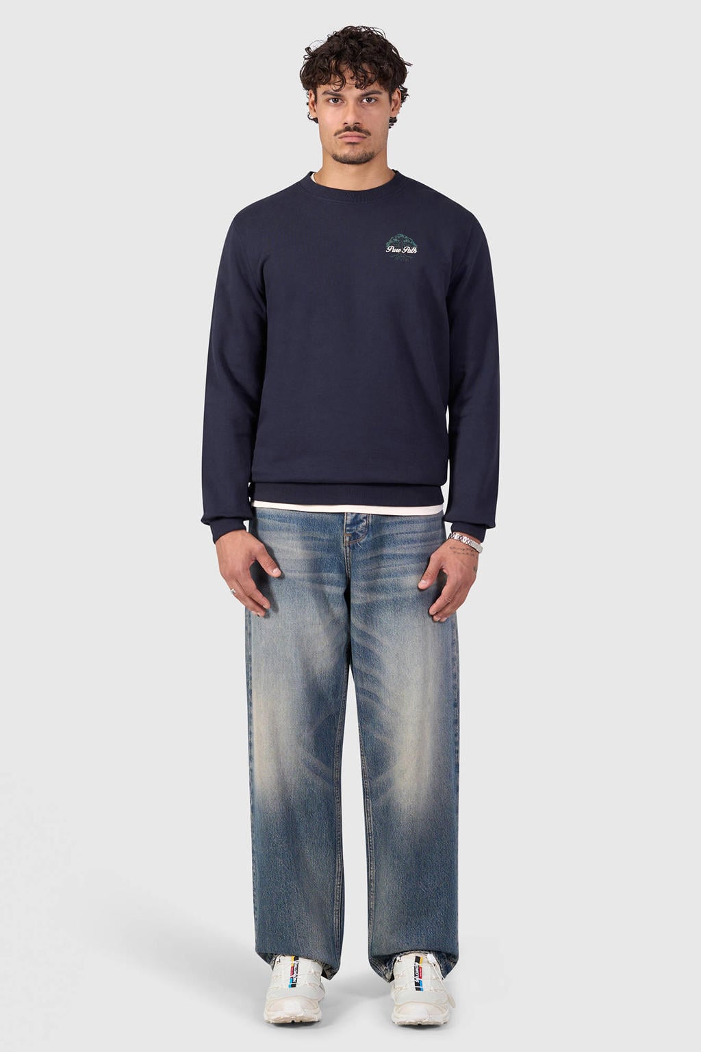 Pure Path katoenen regular fit trui met backprint - donkerblauw