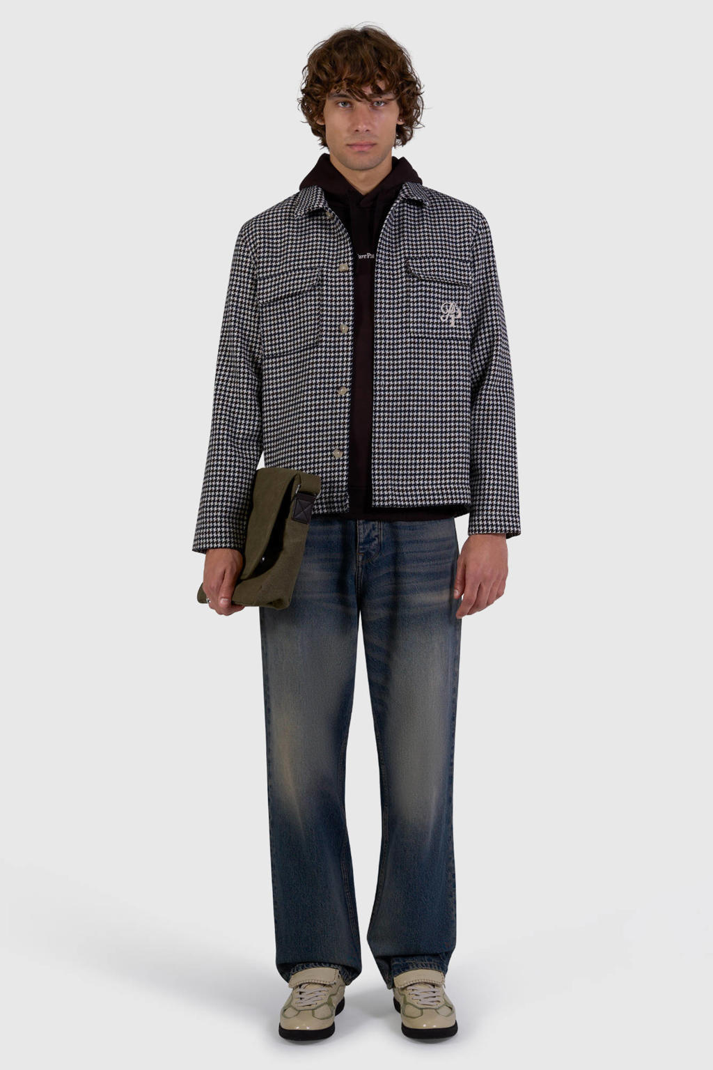 Pure Path regular fit geruit overshirt met wol - ecru