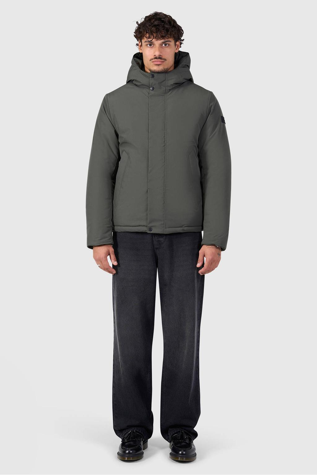 Donkergroene heren Pure Path gewatteerde jas van nylon met effen, lange mouwen, capuchon, ritssluiting en tunnelkoord