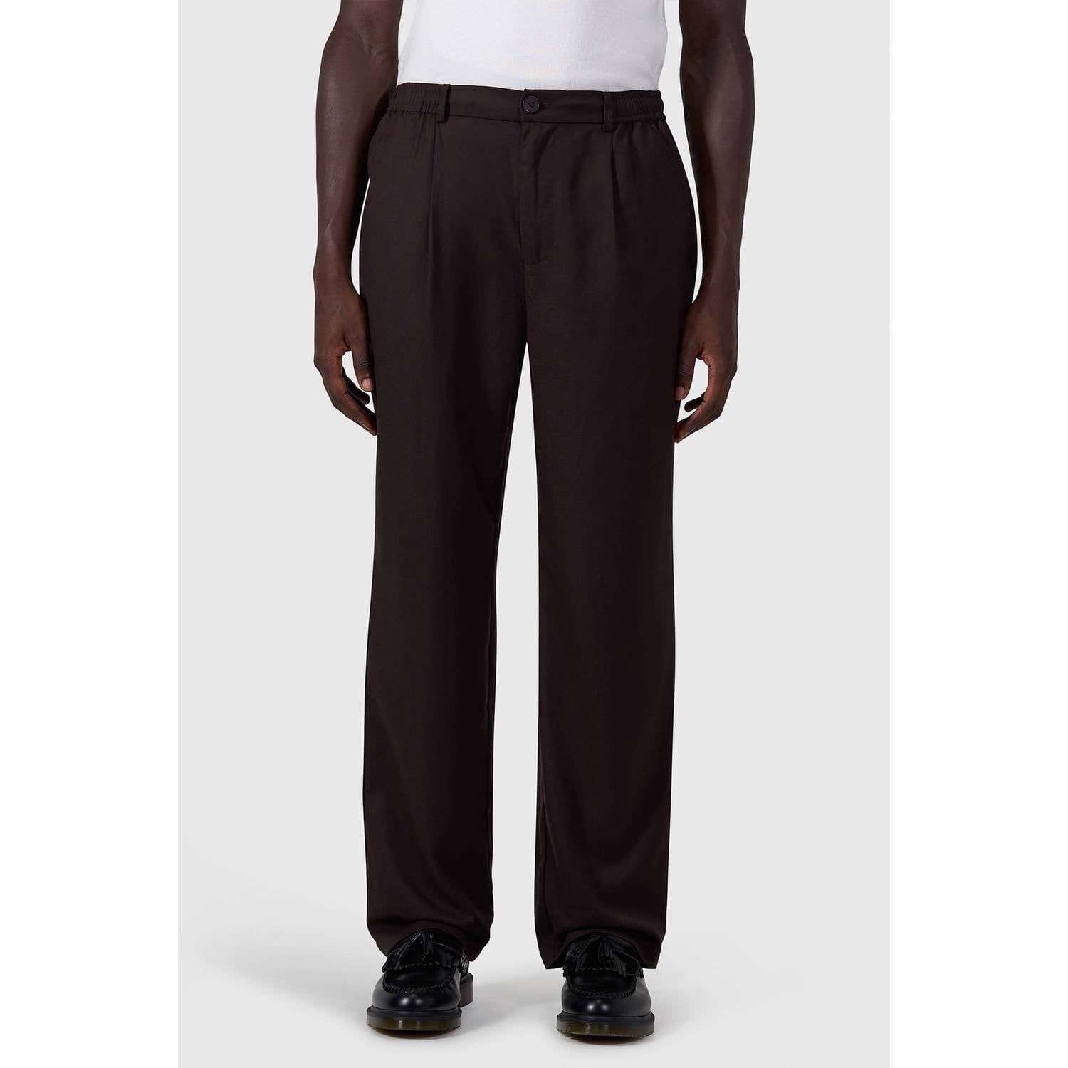 Pure Path regular fit twill pantalon met plooien en wol dark brown