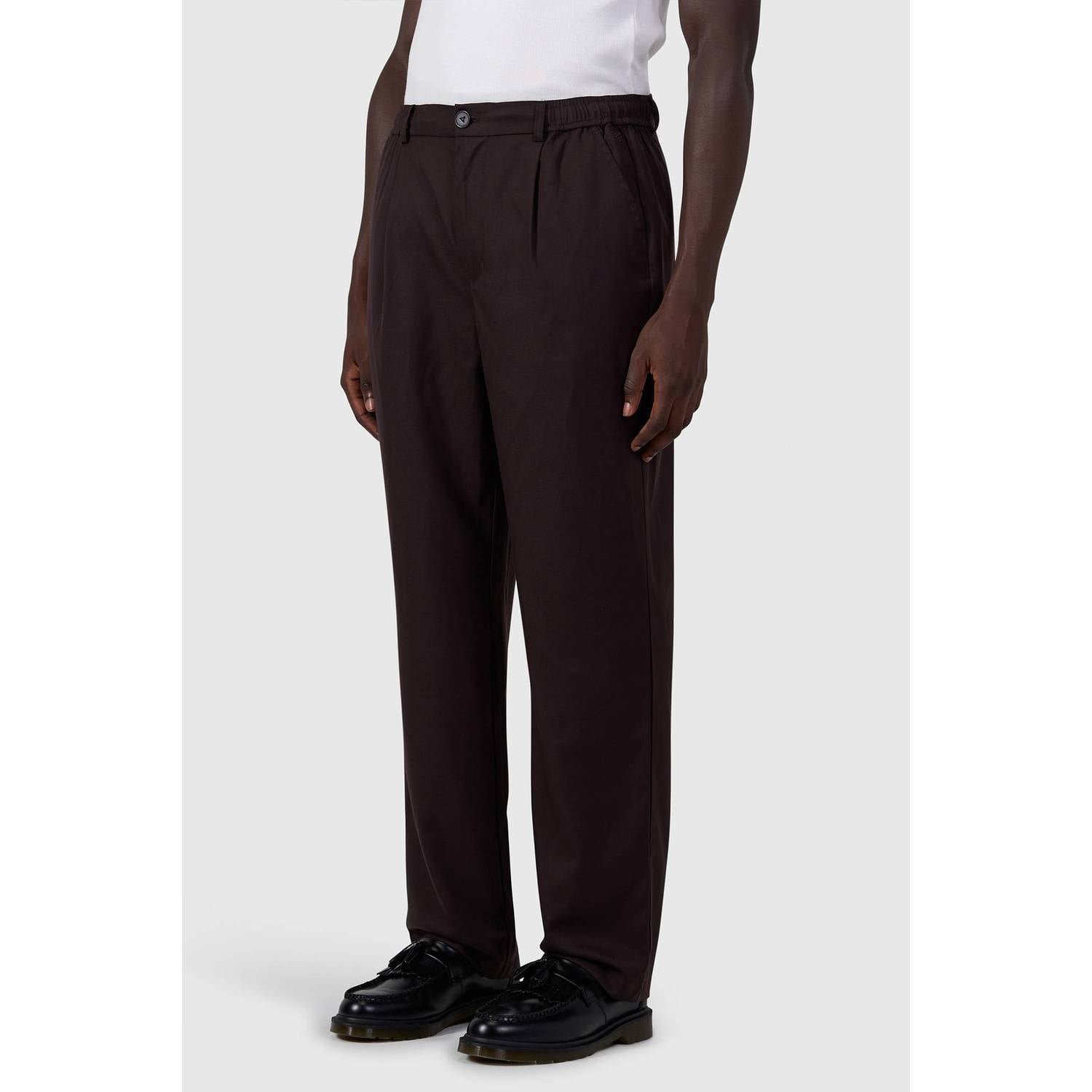 Pure Path regular fit twill pantalon met plooien en wol dark brown