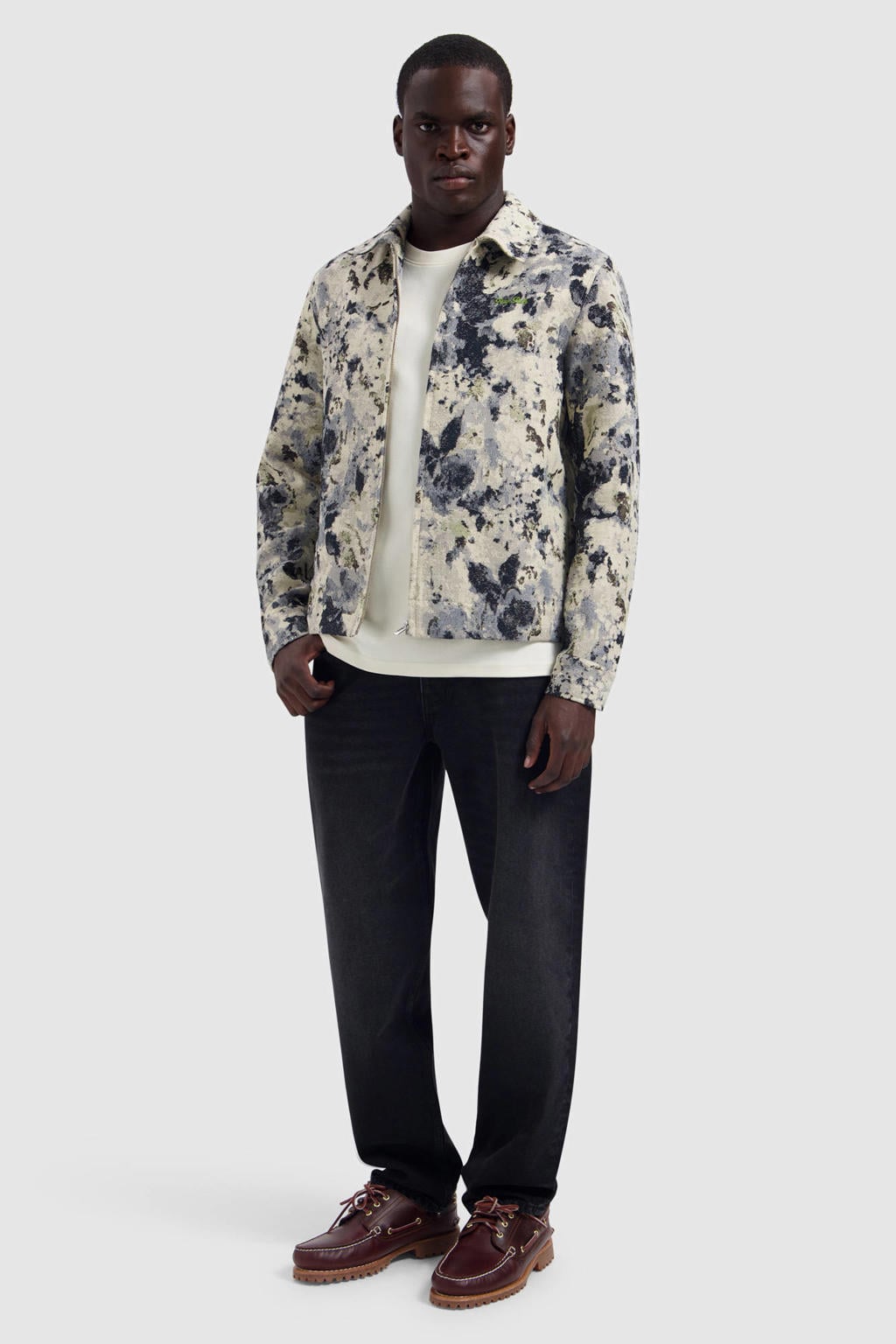 Ecru heren Pure Path regular fit jacquard overshirt van polyester met lange mouwen en klassieke kraag