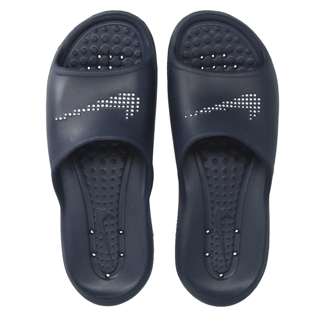 Donkerblauw en witte heren Nike Victori One Shower badslippers met logo van rubber