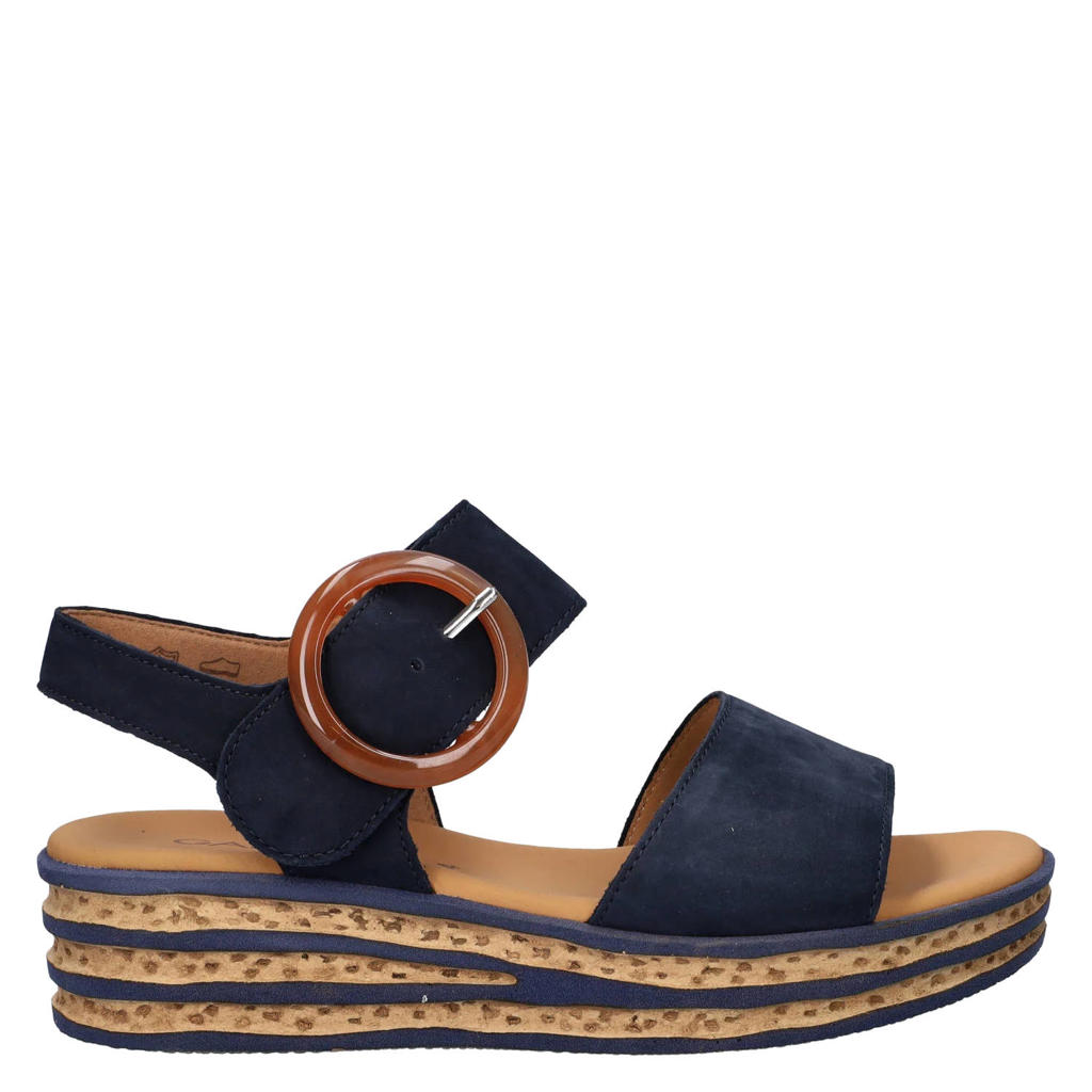 Donkerblauwe dames Gabor Best Fitting suède sandalen met sleehak met klittenband