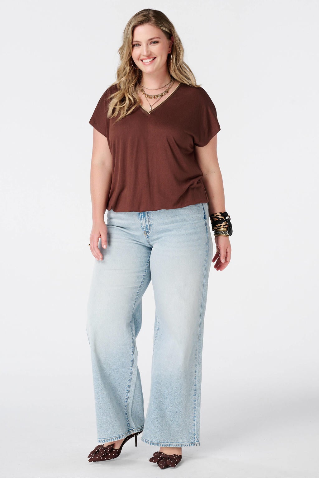 MS Mode T-shirt met glitters Plus Size - bruin