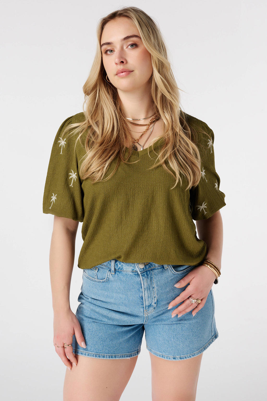 Olijfgroene dames MS Mode blousetop Plus Size van polyester met effen en korte mouwen