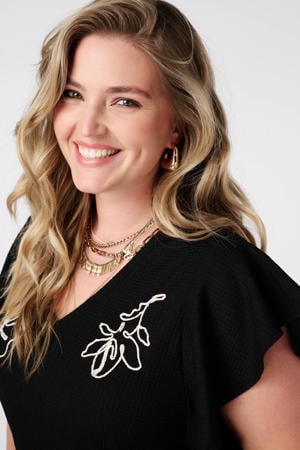 top met borduursels Plus Size - zwart