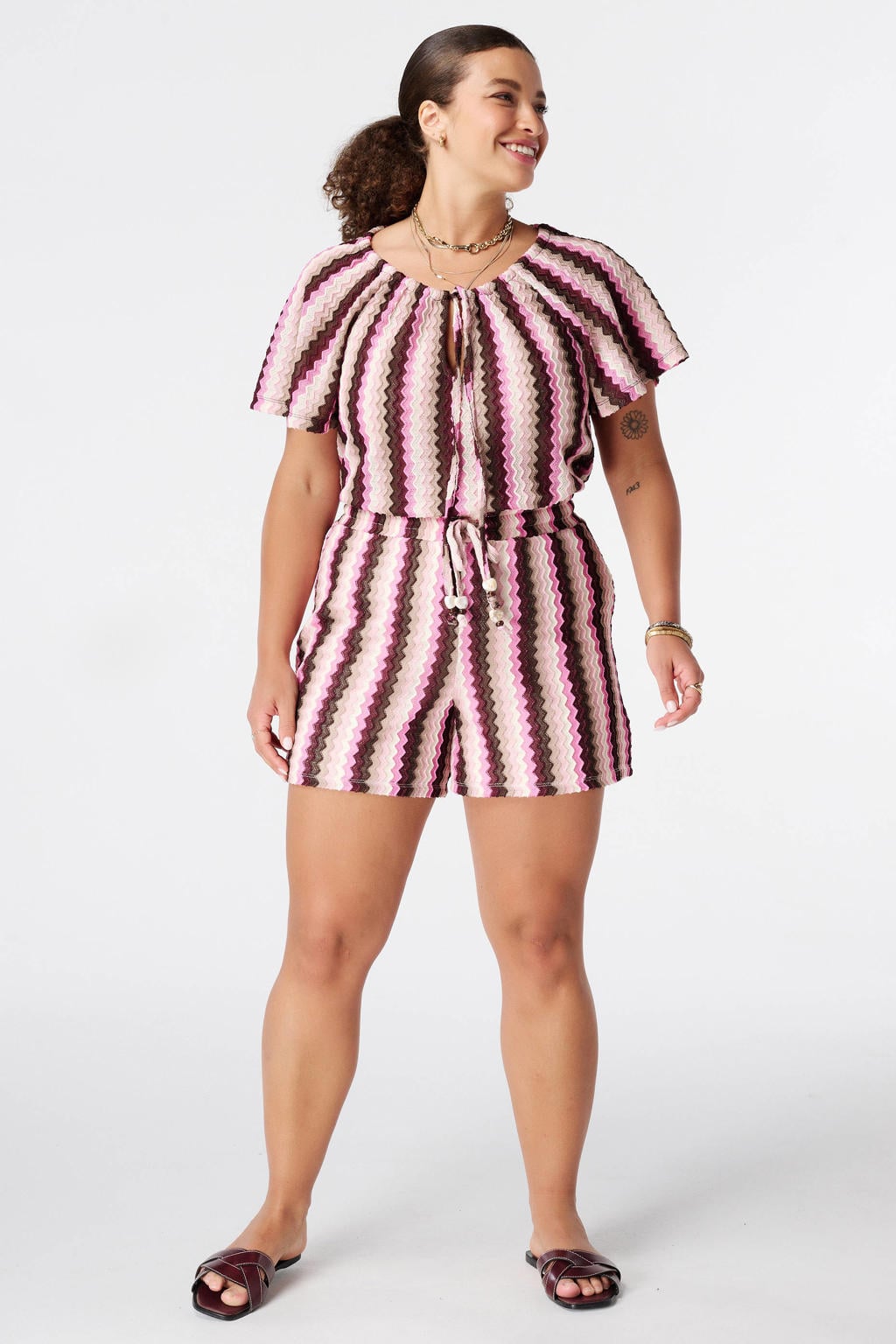 Roze, rood en witte dames MS Mode a-line gestreepte top Plus Size van polyester met korte mouwen en klassieke kraag