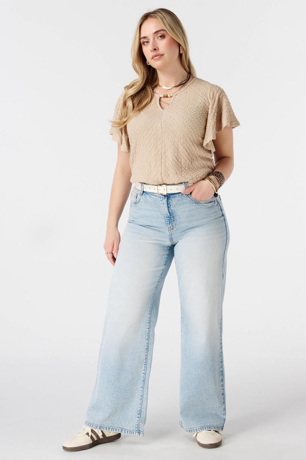 Zandkleurige dames MS Mode ballon top Plus Size met effen en korte mouwen