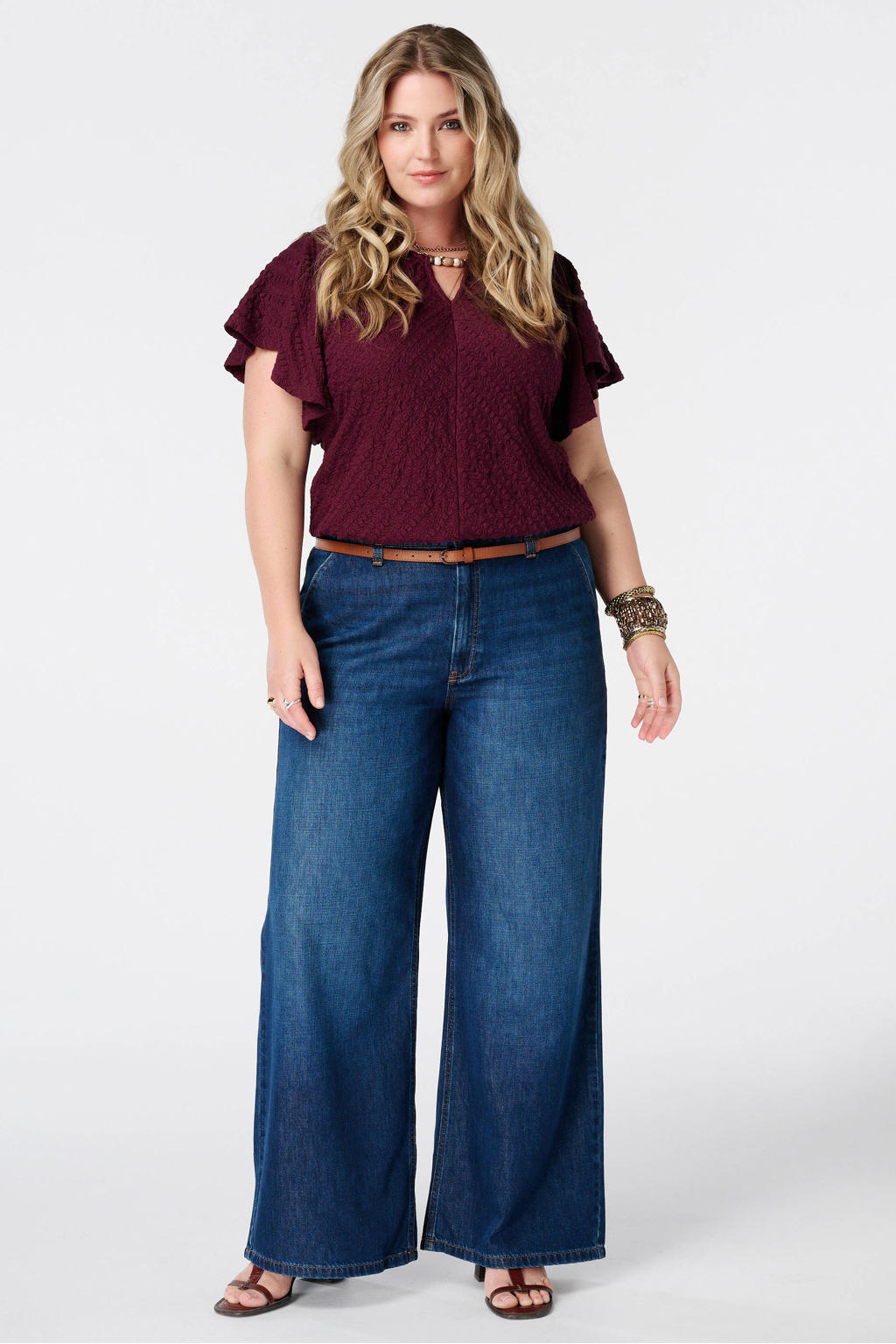Donkerrode dames MS Mode top Plus Size met effen en korte mouwen