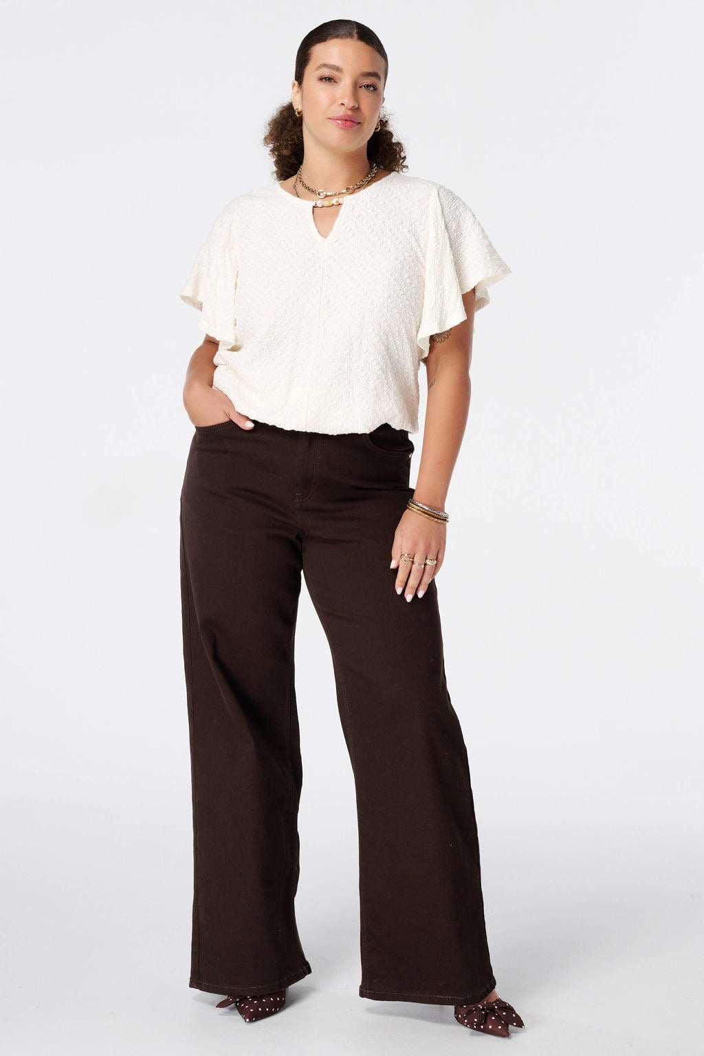 Ecru dames MS Mode ballon top Plus Size met effen en korte mouwen