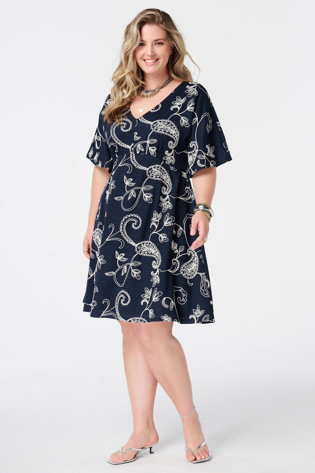 Donkerblauwe dames MS Mode korte jurk Plus Size van polyester met paisley print en korte mouwen