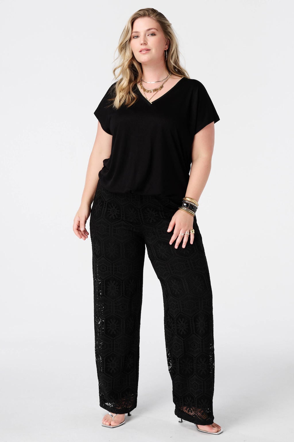MS Mode T-shirt met glitters Plus Size - zwart