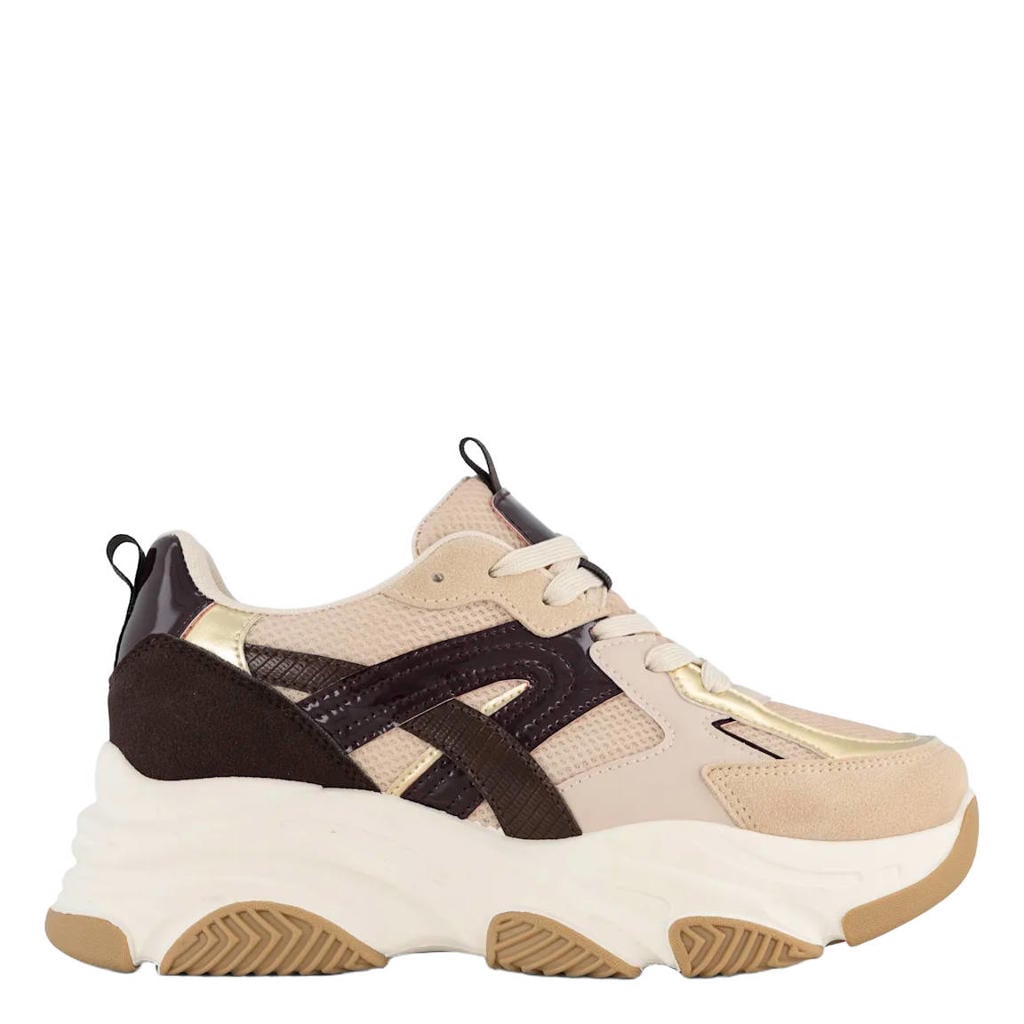 Beige dames Graceland chunky imitatieleren sneakers - met veters