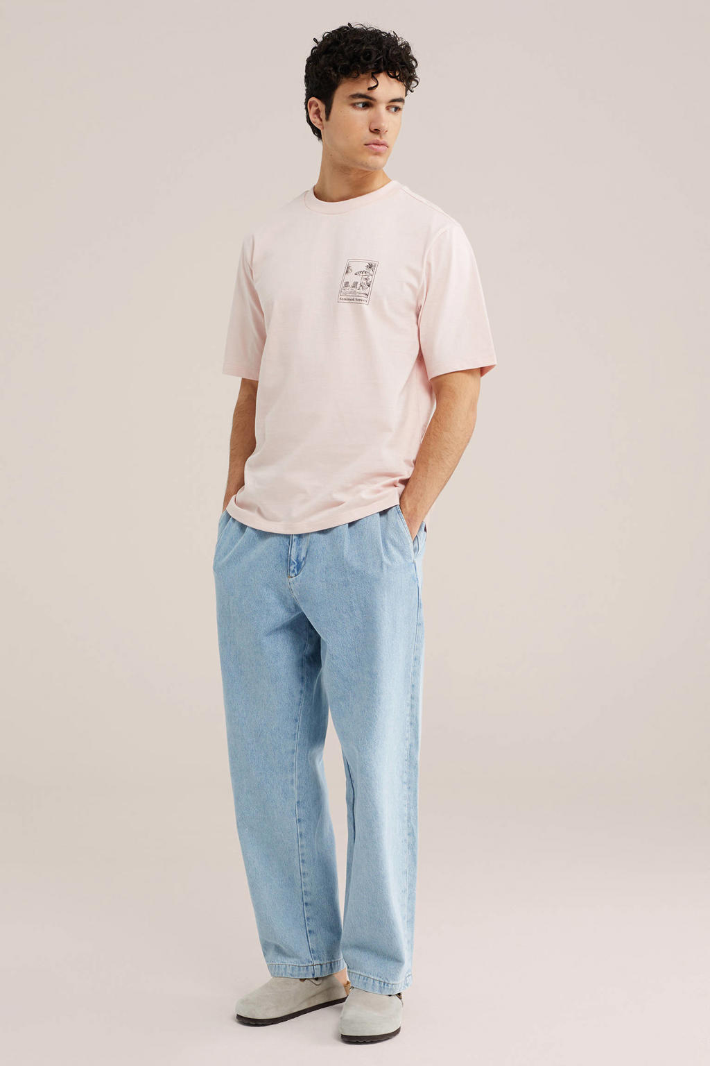 Lichtroze heren WE Fashion relaxed T-shirt van katoen met printopdruk, korte mouwen en ronde hals