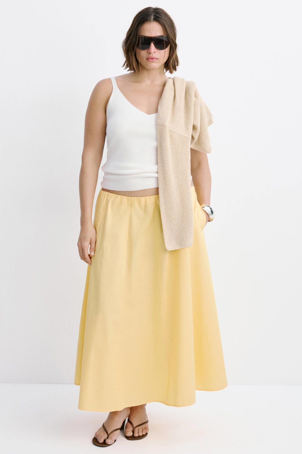 Gele dames Mango midi rok gemaakt van katoen en met elastische tailleband