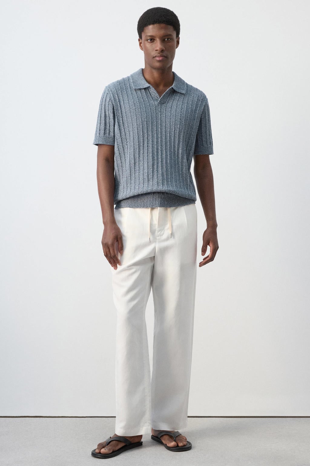 Blauwe heren Mango Man relaxed fit gebreide polo van katoen met effen en korte mouwen