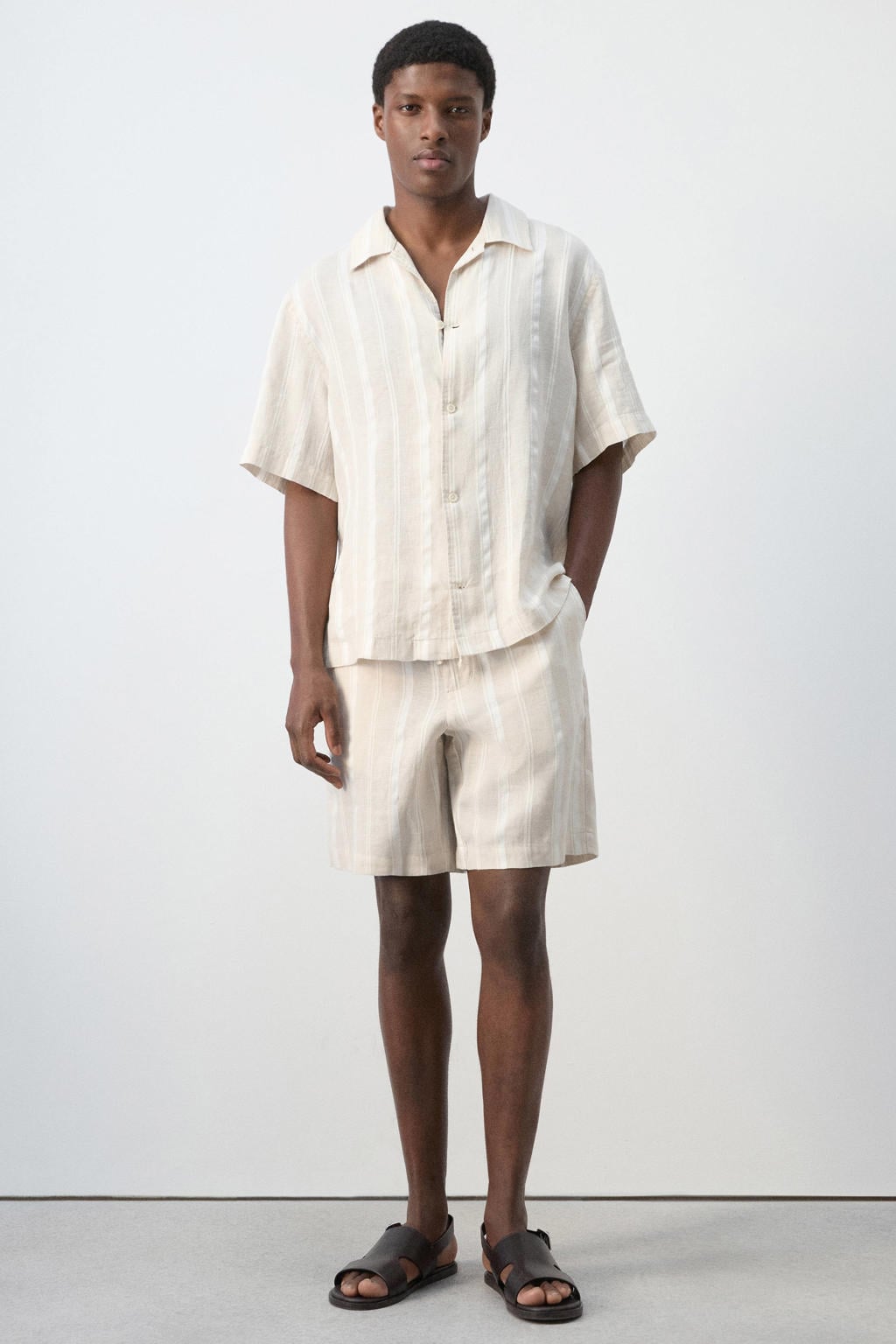 Mango Man regular gestreepte casual short met linnen beige