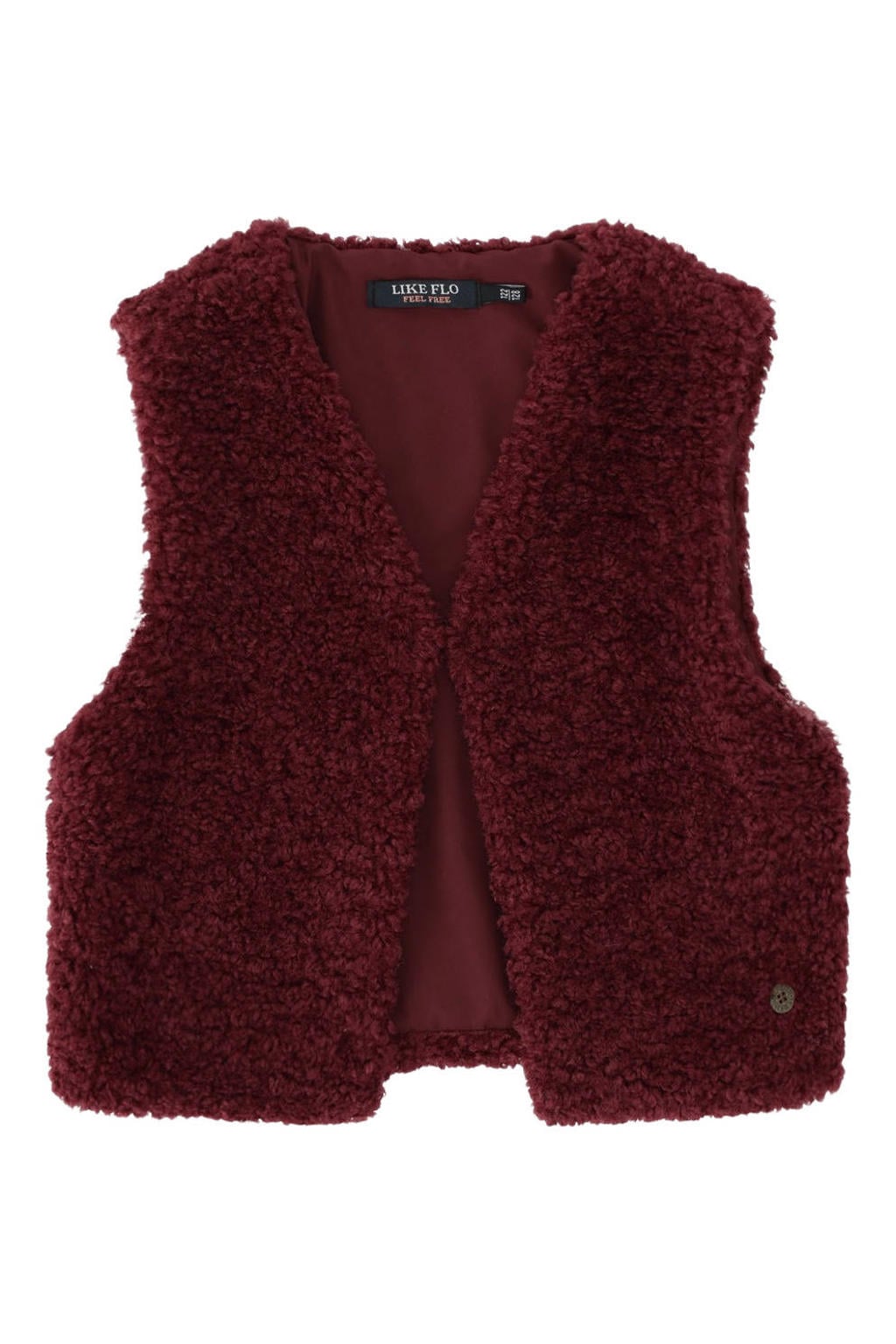 Donkerrode meisjes Like Flo gilet van imitatiebont met effen, lange mouwen, V-hals, haaksluiting en geweven detail