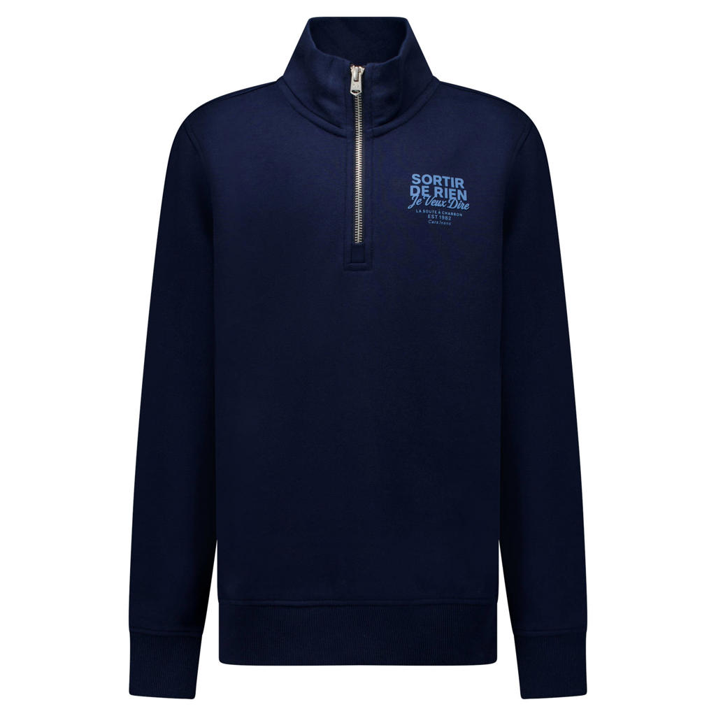 Marineblauw jongens Cars sweater blauw met printopdruk, lange mouwen, opstaande kraag, halve rits en geribde boorden