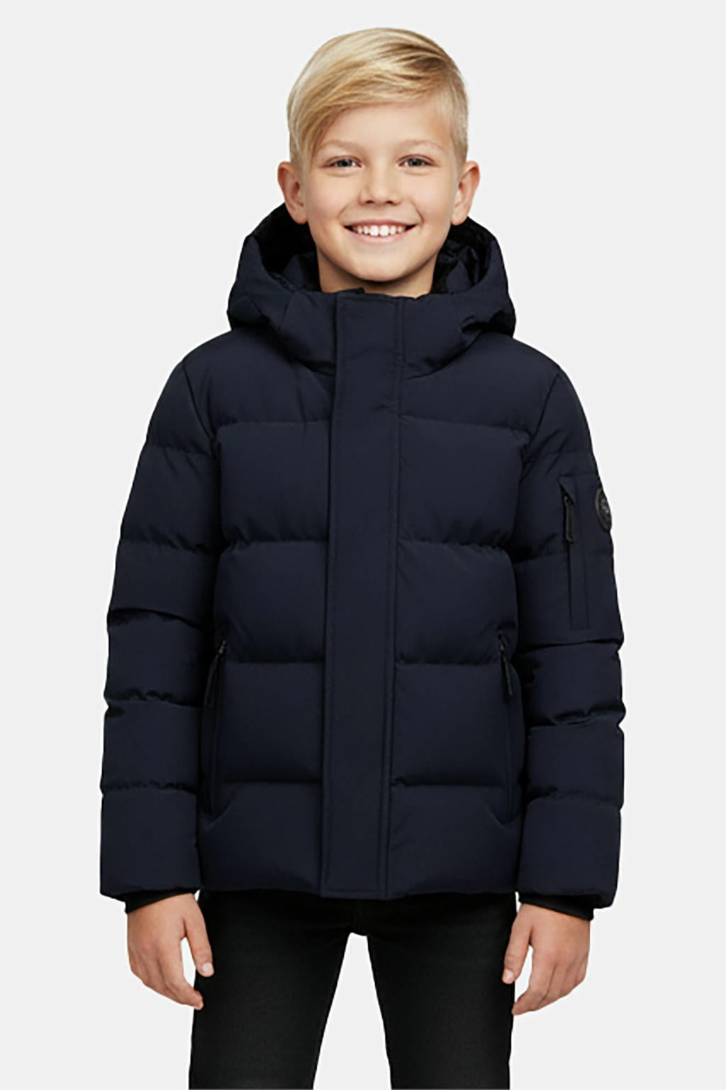 Donkerblauwe jongens Cars winterjas van nylon met effen, lange mouwen, capuchon, rits- en knoopsluiting en geribde boorden