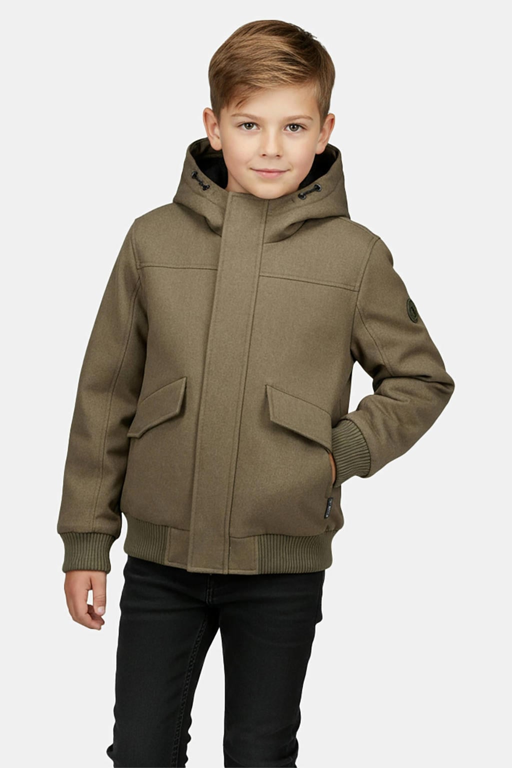 Olijfgroene jongens Cars winterjas van polyester met effen, lange mouwen, capuchon, rits- en knoopsluiting en geribde boorden