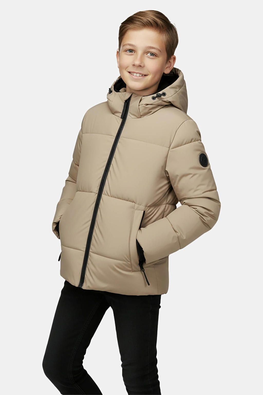 Beige jongens Cars winterjas van nylon met effen, lange mouwen, capuchon, ritssluiting en geribde boorden