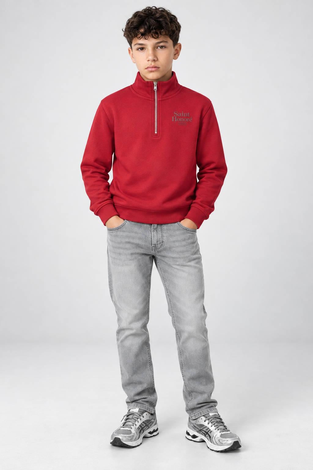 Donkerrode jongens Cars sweater met printopdruk, lange mouwen, opstaande kraag, halve rits en geribde boorden