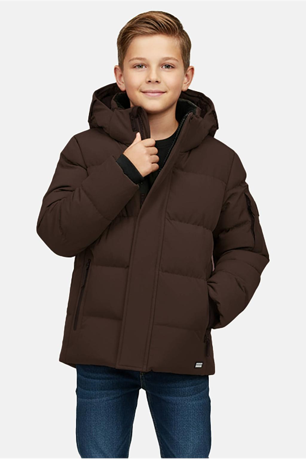 Bruine jongens Cars winterjas van nylon met effen, lange mouwen, capuchon, rits- en knoopsluiting en geribde boorden