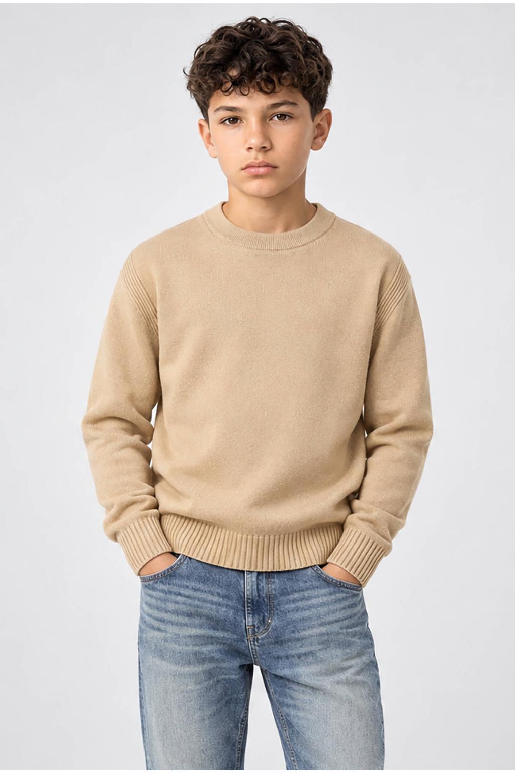 Beige jongens Cars gebreide trui van viscose met effen, lange mouwen en ronde hals
