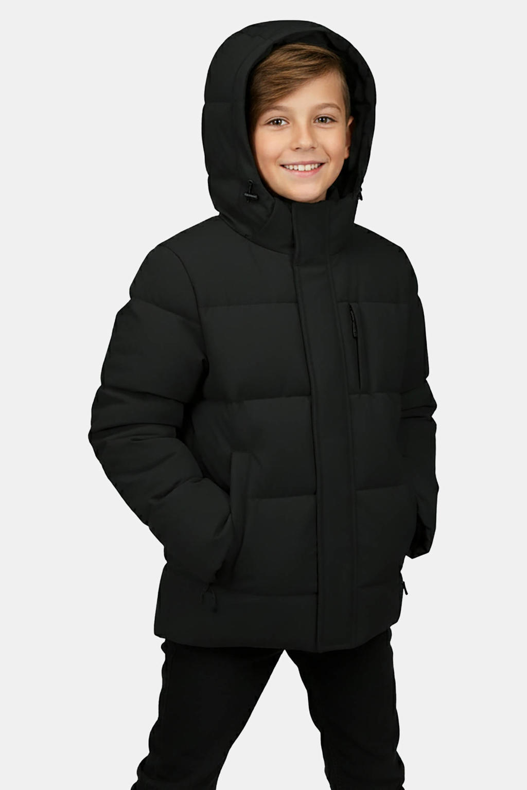 Zwarte jongens Cars gewatteerde winterjas van polyester met effen, lange mouwen, capuchon en rits- en knoopsluiting