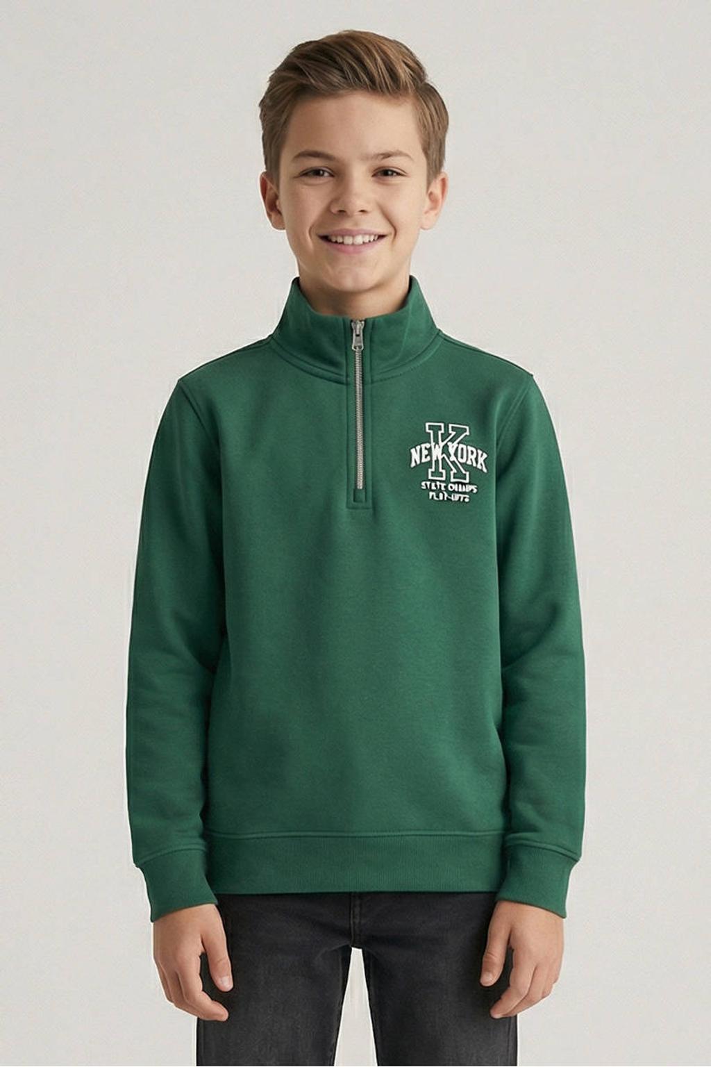 Groene jongens Cars sweater met printopdruk, lange mouwen, opstaande kraag, halve rits en geribde boorden