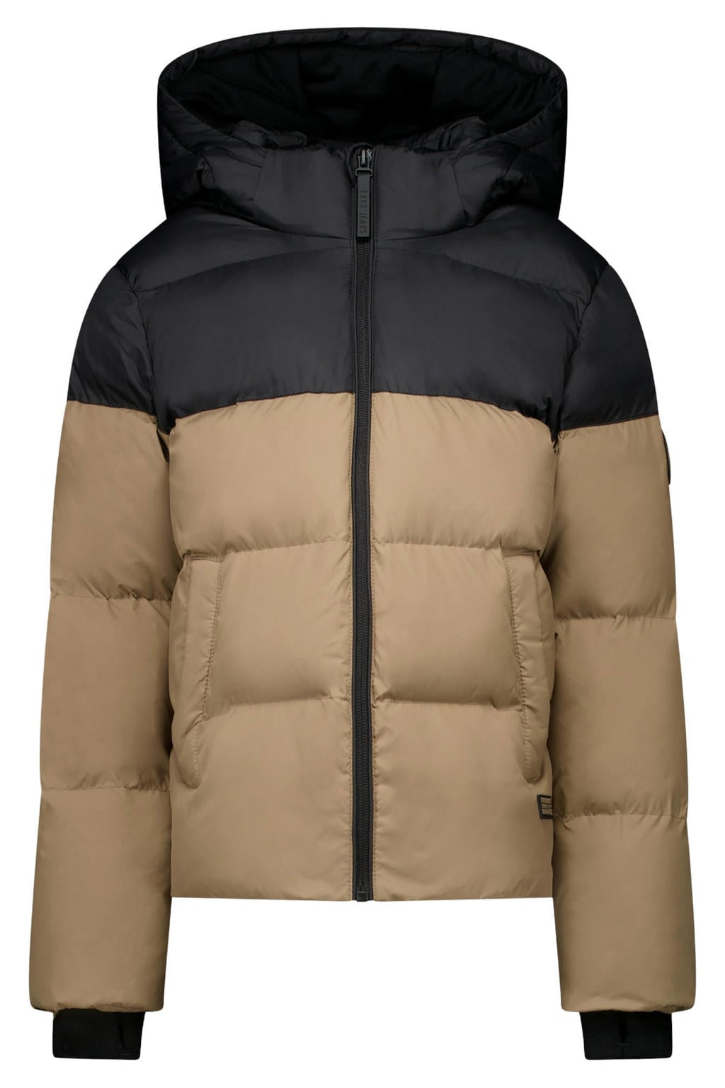Taupe en zwarte jongens Cars pufferjas van polyester met meerkleurige print, lange mouwen, capuchon en ritssluiting