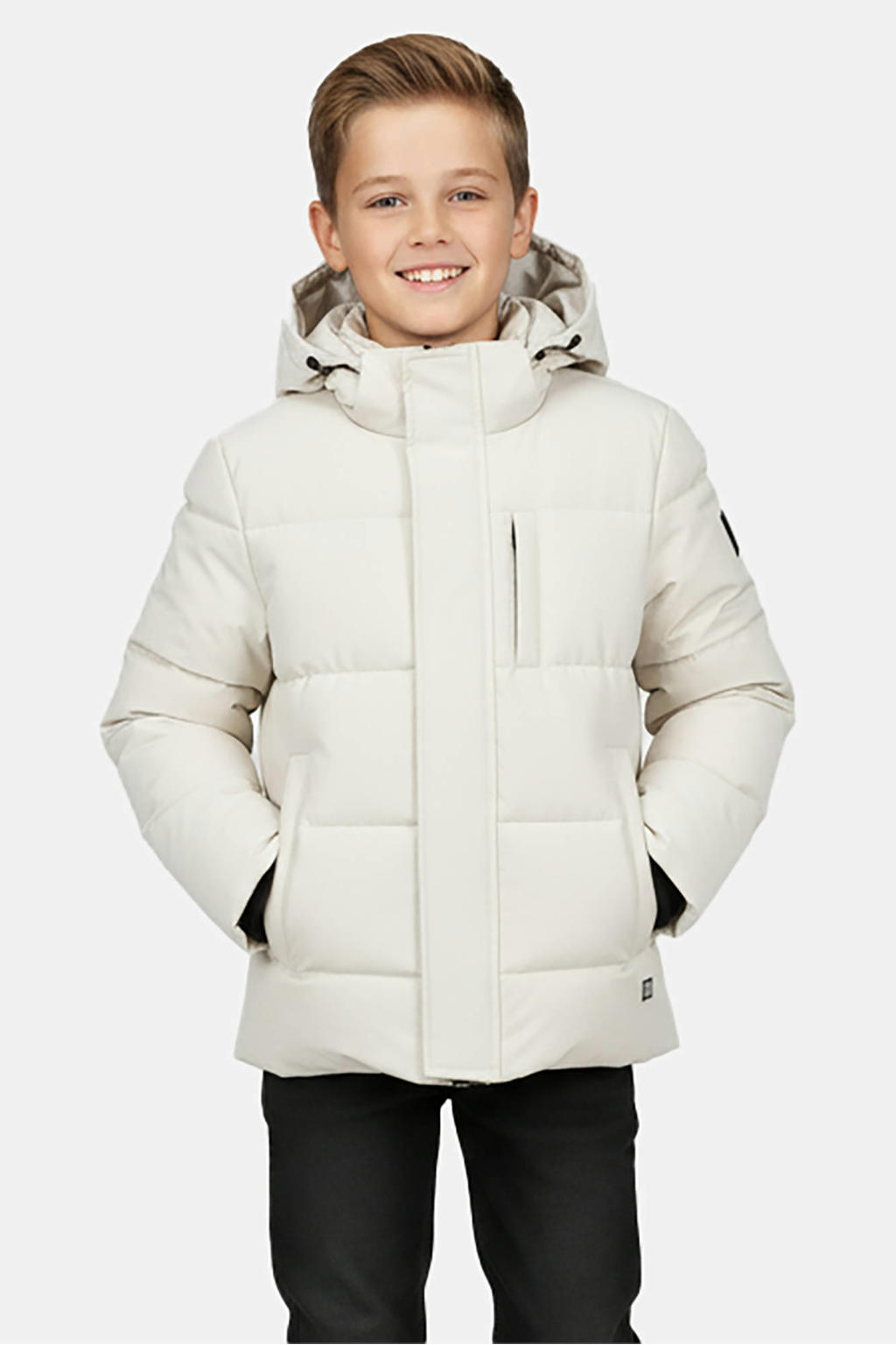 Ecru jongens Cars gewatteerde winterjas van polyester met effen, lange mouwen, capuchon en rits- en knoopsluiting