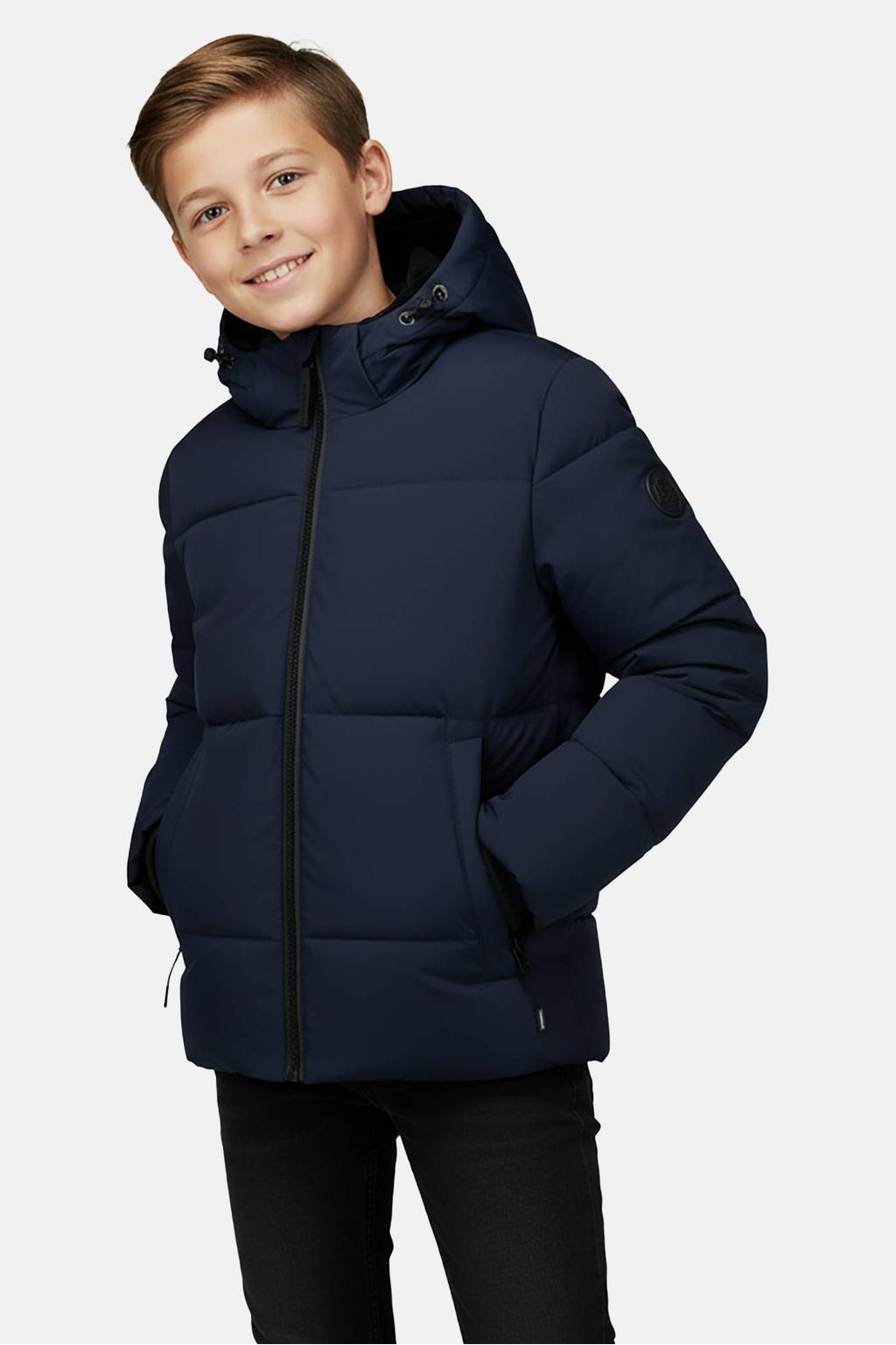 Donkerblauwe jongens Cars winterjas van nylon met effen, lange mouwen, capuchon, ritssluiting en geribde boorden