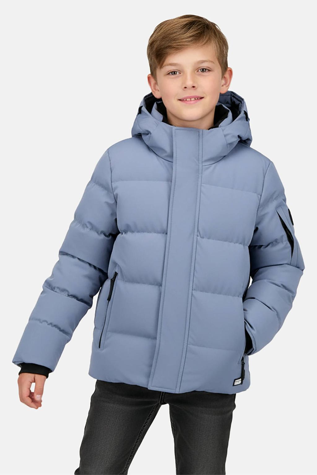 Grijsblauwe jongens Cars winterjas blauw van nylon met effen, lange mouwen, capuchon, rits- en knoopsluiting en geribde boorden