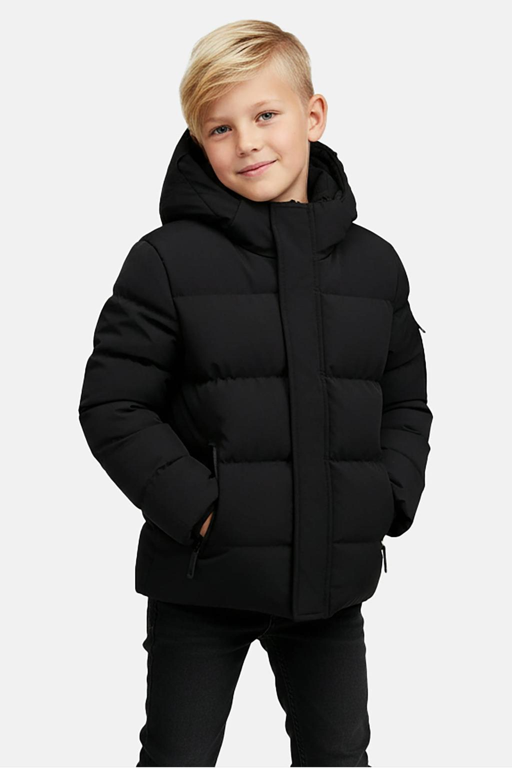 Zwarte jongens Cars winterjas van nylon met effen, lange mouwen, capuchon, rits- en knoopsluiting en geribde boorden