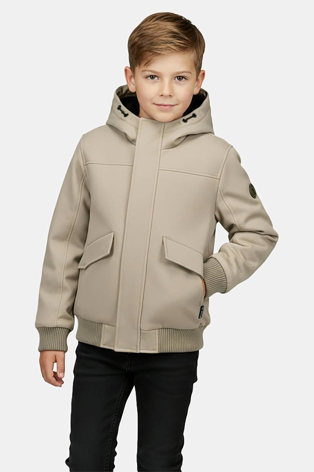 Zandkleurige jongens Cars winterjas van polyester met effen, lange mouwen, capuchon, rits- en knoopsluiting en geribde boorden