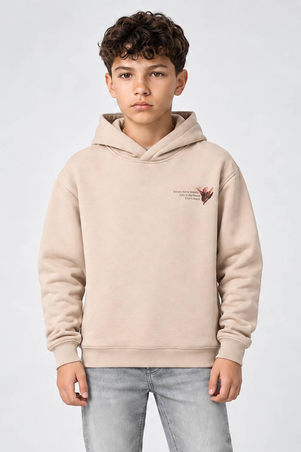 Zandkleurige jongens Cars hoodie van sweat materiaal met backprint, lange mouwen en capuchon