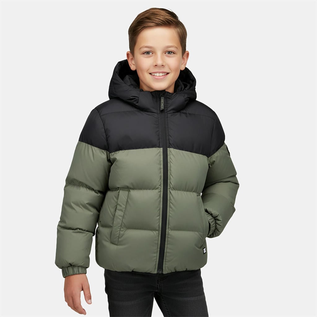 Groen en zwarte jongens Cars pufferjas van polyester met meerkleurige print, lange mouwen, capuchon en ritssluiting