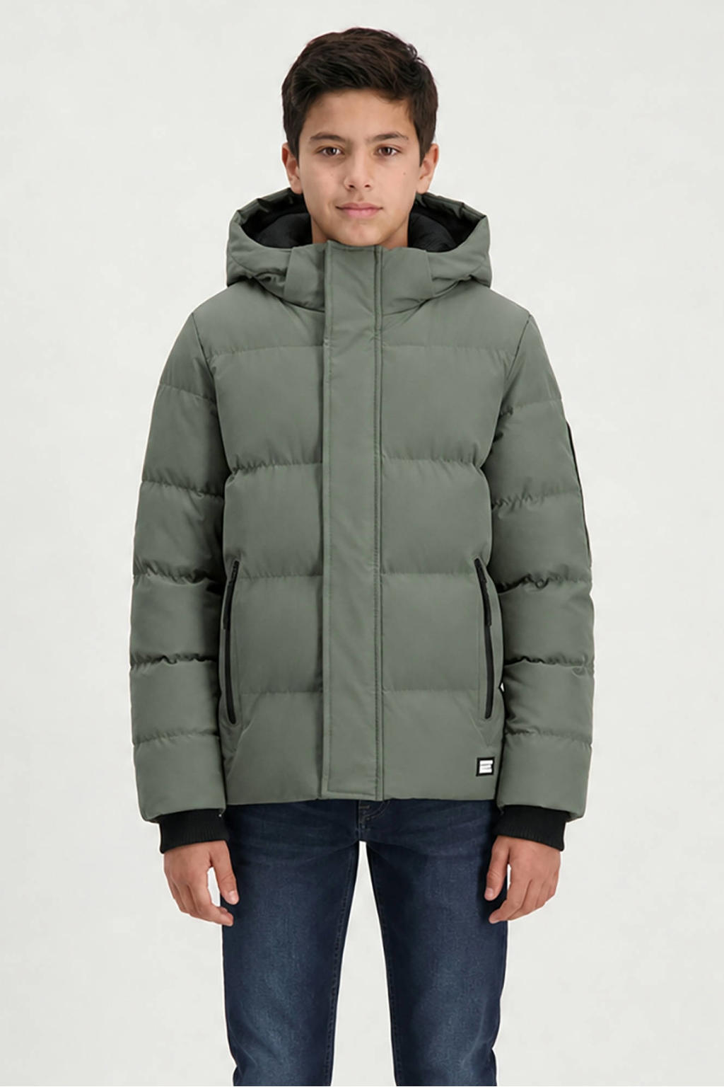 Groene jongens Cars winterjas van nylon met effen, lange mouwen, capuchon, rits- en knoopsluiting en geribde boorden