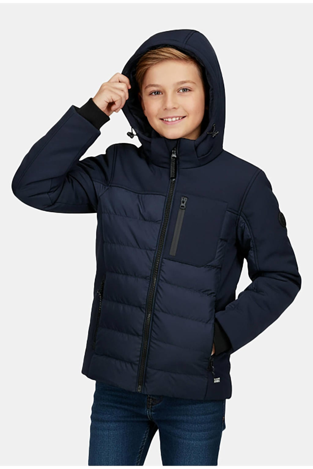 Marineblauw jongens Cars gewatteerde winterjas blauw van polyester met effen, lange mouwen, capuchon en ritssluiting