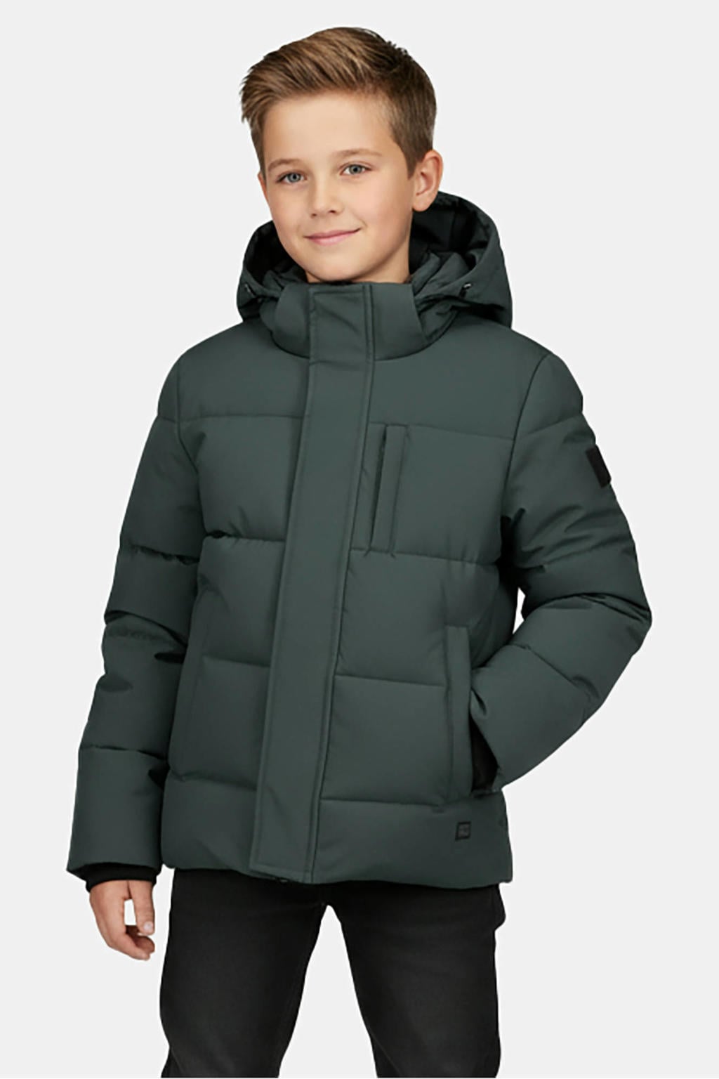 Donkergroene jongens Cars gewatteerde winterjas van polyester met effen, lange mouwen, capuchon en rits- en knoopsluiting