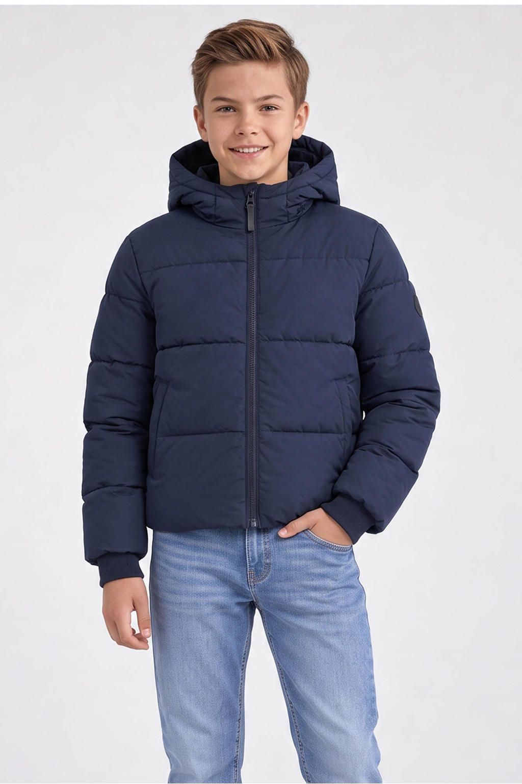 Marineblauw jongens Cars pufferjas blauw van polyester met effen, lange mouwen, capuchon en ritssluiting