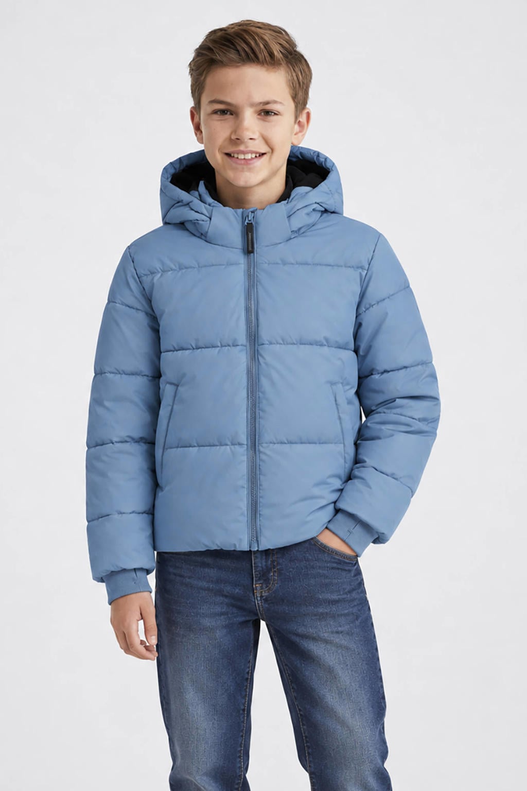 Blauwe jongens Cars pufferjas van polyester met effen, lange mouwen, capuchon en ritssluiting